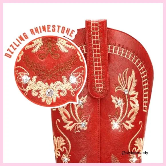 Knee High Western Boots Rhinestone Embroidered Pointed Toe Chunky Heel - Picture 4 of 7